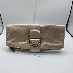 587 HOBO “Madeline” leather foldover clutch metallic gold/silver Preowned